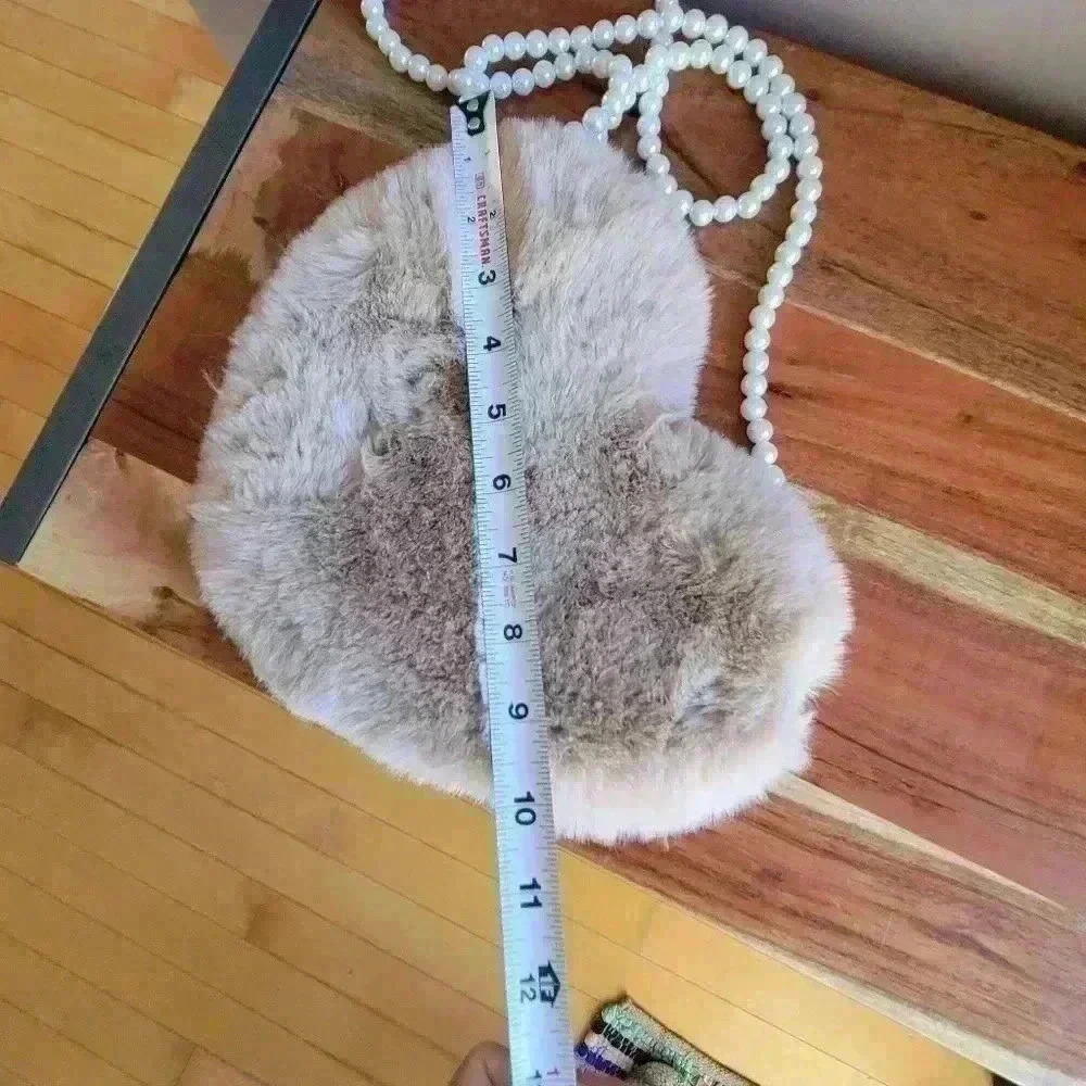 Beige Faux White Pearl Decor Heart Design Fluffy Women's Small Crossbody Purse - Picture 9 of 9